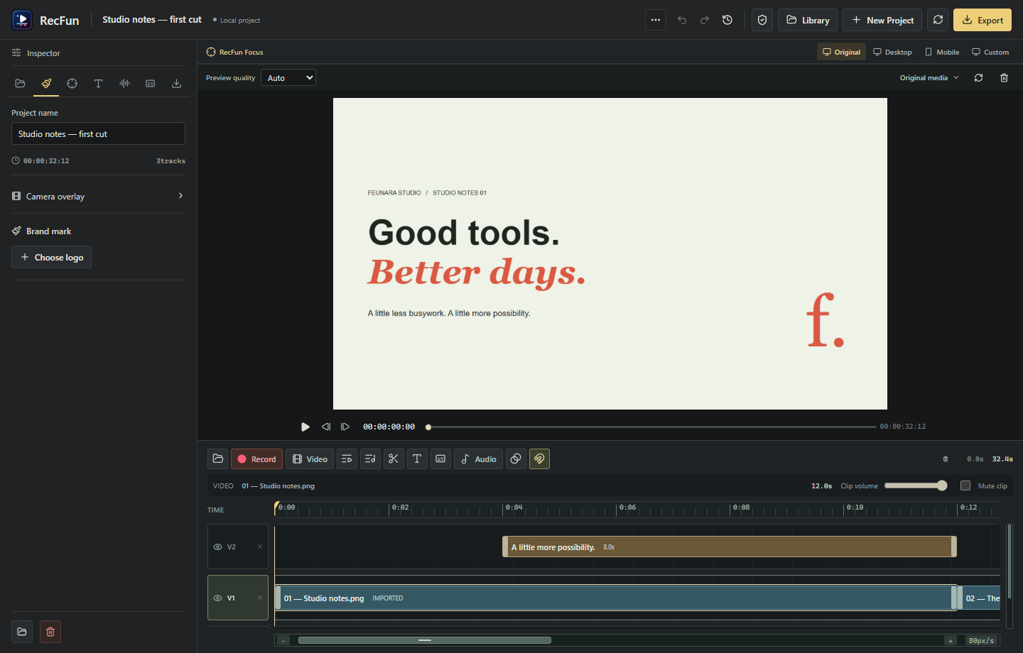 RecFun: actual video editing workspace